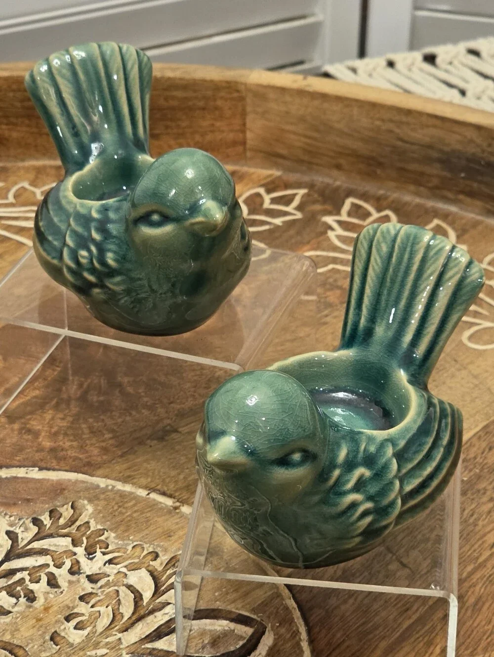 Vintage Turquoise Ceramic Bird Candle Holders Planters Pair